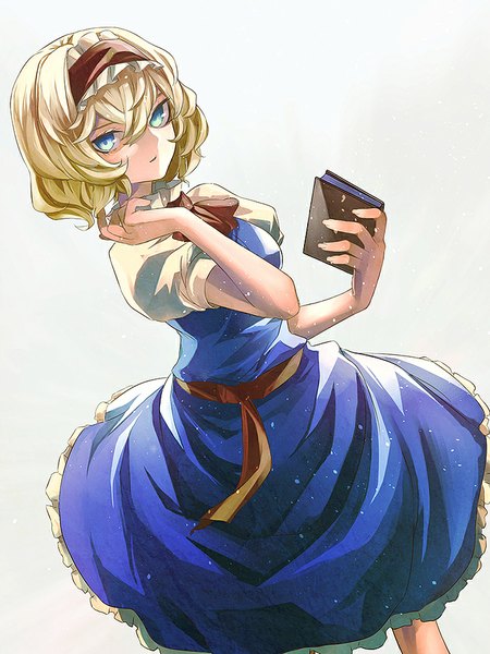 Anime picture 713x950 with touhou alice margatroid eredhen single tall image looking at viewer fringe short hair blue eyes blonde hair simple background grey background dutch angle girl dress hairband book (books)