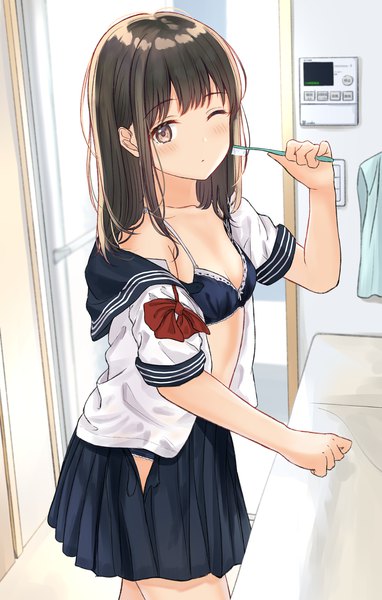 Anime-Bild 954x1500 mit original burenbo single long hair tall image looking at viewer blush fringe light erotic black hair standing holding brown eyes payot indoors blunt bangs pleated skirt one eye closed arm up open clothes