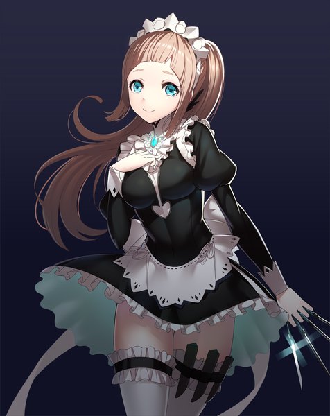 Anime picture 900x1133 with fire emblem fire emblem fates nintendo felicia (fire emblem) ririko (zhuoyandesailaer) single long hair tall image blush fringe breasts blue eyes simple background smile brown hair standing holding ponytail blunt bangs long sleeves