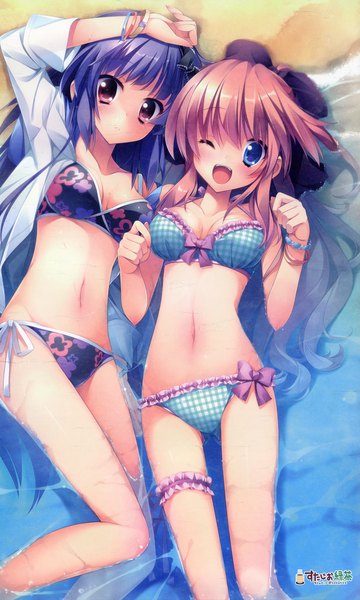 Anime picture 3430x5711 with shukufuku no kane no oto wa lucie long hair tall image highres short hair open mouth blue eyes light erotic bare shoulders multiple girls absurdres purple hair one eye closed pink eyes wink scan open clothes open shirt paper texture
