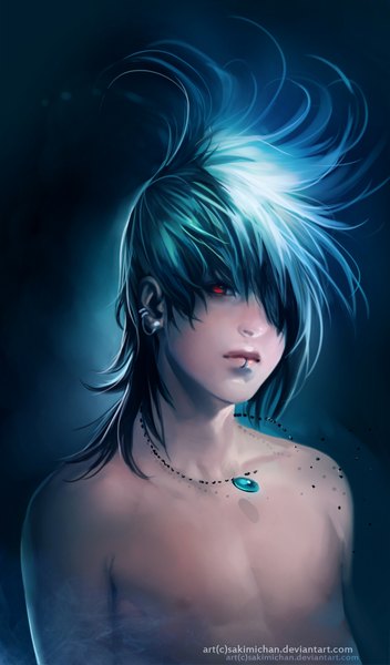 Anime picture 1024x1742 with sakimichan single tall image fringe short hair red eyes blue hair lips hair over one eye realistic piercing ear piercing topless lip piercing boy pendant jewelry