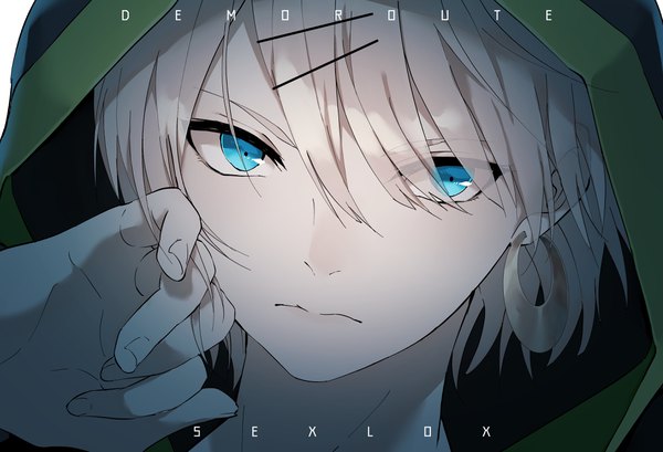 Anime-Bild 3907x2667 mit original yukishima bema single looking at viewer fringe highres short hair blue eyes hair between eyes absurdres silver hair hair over one eye inscription portrait face boy earrings hood bobby pin hoop earrings