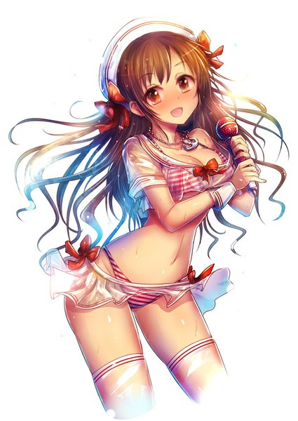 Anime picture 600x847 with idolmaster idolmaster cinderella girls shimamura uzuki kara (color) single long hair tall image blush fringe open mouth light erotic simple background brown hair white background brown eyes girl thighhighs skirt bow swimsuit