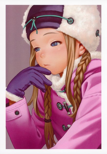 Anime picture 1219x1750 with futuregraph range murata single long hair tall image blue eyes blonde hair payot looking away braid (braids) grey background fur trim twin braids border hand to mouth thinking girl gloves hat fur