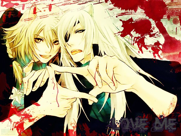 Anime picture 1024x768 with lamento nitro+chiral konoe rai long hair open mouth blonde hair animal ears silver hair face to face boy blood eyepatch