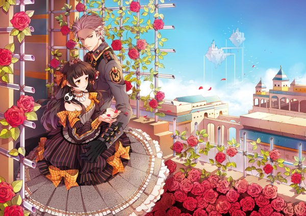 Anime picture 2506x1772 with original nardack long hair highres short hair brown hair brown eyes yellow eyes pink hair couple military girl dress boy gloves uniform flower (flowers) bow hair bow petals