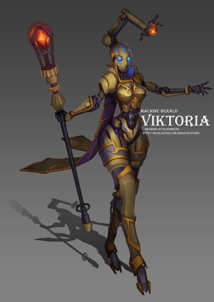 Anime picture 1968x2780 with league of legends viktor (league of legends) gloomines (evolvis) single tall image highres blue eyes grey background genderswap girl staff