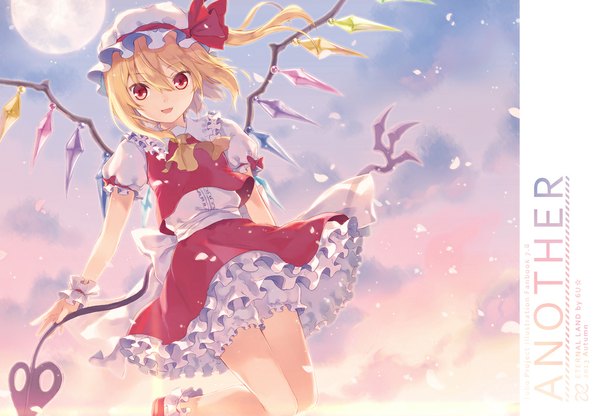 Anime picture 1024x710 with touhou flandre scarlet 6u (eternal land) single looking at viewer short hair blonde hair red eyes sky inscription from below one side up flying girl skirt weapon petals wings bonnet skirt set