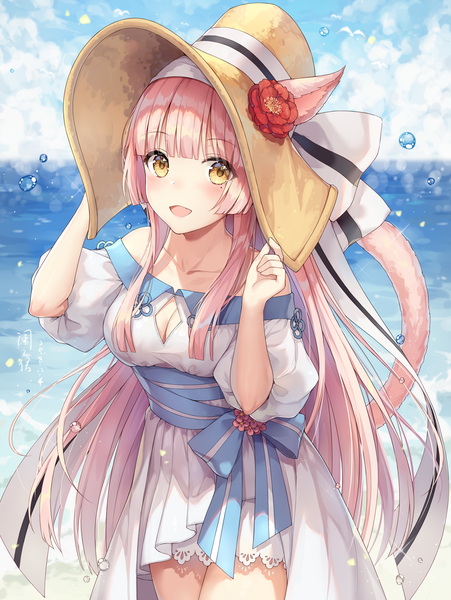 Anime-Bild 1109x1475 mit final fantasy final fantasy xiv square enix miqo'te ayuanlv single long hair tall image looking at viewer blush fringe breasts open mouth smile standing bare shoulders animal ears yellow eyes pink hair sky