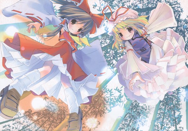 Anime picture 6970x4876 with touhou hakurei reimu yakumo yukari pop highres blonde hair brown hair multiple girls brown eyes traditional clothes from below girl 2 girls detached sleeves tree (trees) socks shoes white socks forest