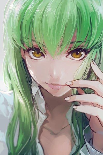 Anime picture 531x800 with code geass sunrise (studio) c.c. creayus single long hair tall image looking at viewer fringe signed yellow eyes parted lips fingernails green hair lips finger to mouth portrait partially open clothes hand on face girl
