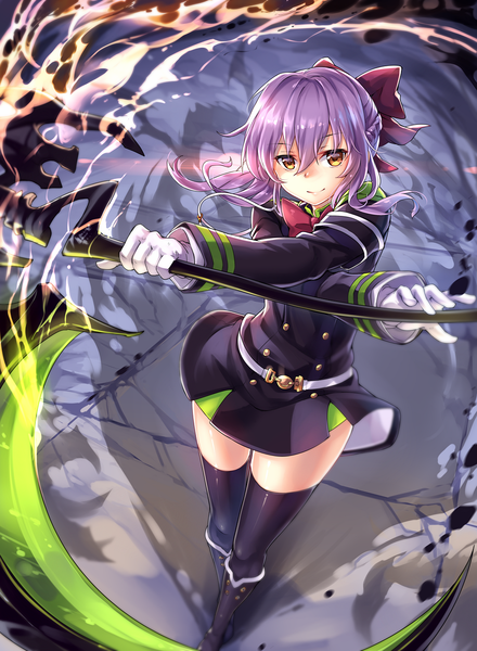 Anime picture 992x1354 with owari no seraph wit studio hiiragi shinoa ks single long hair tall image looking at viewer holding brown eyes purple hair ponytail light smile zettai ryouiki crossed arms girl thighhighs dress gloves uniform