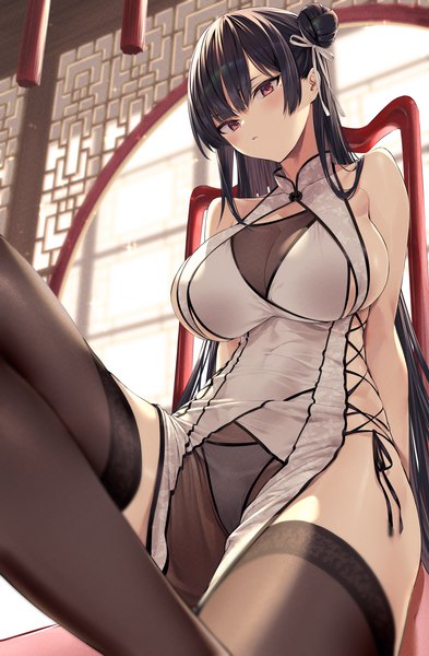 Anime picture 3498x5343 with original hiiragi yuuichi single long hair tall image looking at viewer blush fringe highres breasts light erotic black hair red eyes large breasts sitting bare shoulders absurdres bent knee (knees) indoors traditional clothes