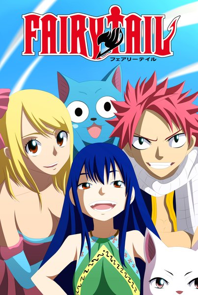 Anime picture 1405x2090 with fairy tail lucy heartfilia natsu dragneel wendy marvell happy (fairy tail) charle (fairy tail) lworldchiefl long hair tall image short hair breasts open mouth light erotic blonde hair smile multiple girls brown eyes blue hair pink hair sky