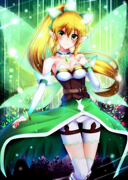 Anime picture 714x1000 with sword art online a-1 pictures leafa natsu (anta tte hitoha) single long hair tall image looking at viewer blush blonde hair bare shoulders green eyes pointy ears elf insect wings butterfly wings girl dress plant (plants) detached sleeves