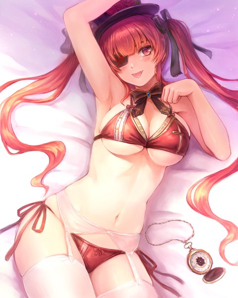 Anime picture 2160x2700 with virtual youtuber hololive houshou marine himamo single long hair tall image looking at viewer blush fringe highres breasts light erotic red eyes large breasts twintails payot red hair lying blunt bangs