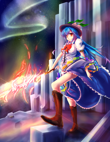 Anime picture 1399x1800 with touhou hinanawi tenshi mugen soukyuu (artist) long hair tall image red eyes blue hair girl dress bow hat sword shoes star (stars) fire