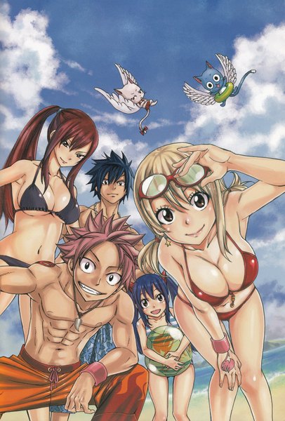 Anime picture 1200x1770 with fairy tail lucy heartfilia erza scarlet natsu dragneel gray fullbuster happy (fairy tail) charle (fairy tail) long hair tall image looking at viewer fringe short hair breasts open mouth light erotic blonde hair smile large breasts twintails bare shoulders