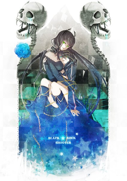 Anime picture 2480x3508 with black rock shooter black rock shooter (character) dead master long hair tall image highres short hair blue eyes black hair twintails bare shoulders multiple girls green eyes horn (horns) scan inscription hug girl 2 girls wings