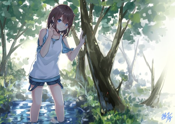 Anime picture 1529x1087 with original miko fly single looking at viewer blush fringe short hair breasts blue eyes smile hair between eyes standing holding signed outdoors head tilt sunlight blurry arm support arms up