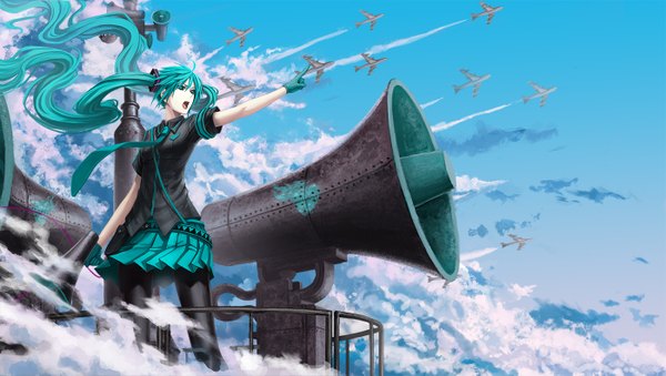 Anime picture 1400x793 with vocaloid koi wa sensou (vocaloid) hatsune miku infukun single long hair open mouth wide image twintails sky cloud (clouds) very long hair aqua eyes aqua hair girl skirt gloves necktie aircraft airplane