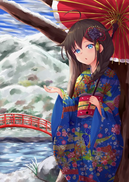 Anime picture 900x1260 with kantai collection shigure destroyer shiro usagi single long hair tall image looking at viewer blush blue eyes black hair ahoge braid (braids) traditional clothes parted lips japanese clothes outstretched arm single braid mountain girl hair ornament