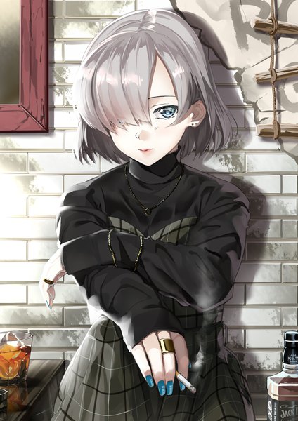 Anime-Bild 706x1000 mit original jack daniel's kinugasa yuuichi single tall image looking at viewer blush fringe short hair sitting holding silver hair long sleeves nail polish aqua eyes fingernails hair over one eye shadow lipstick plaid skirt