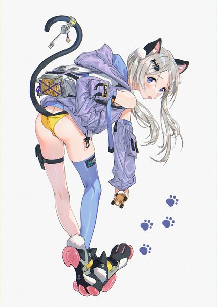 Anime picture 1131x1600 with original mhk (mechamania) single long hair tall image looking at viewer blush fringe blue eyes light erotic simple background hair between eyes standing holding animal ears silver hair full body ass tail animal tail
