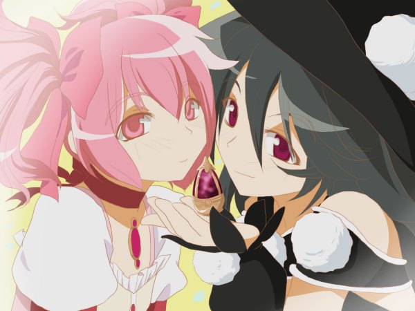 Anime picture 1200x900 with mahou shoujo madoka magica shaft (studio) kaname madoka kazumi (madoka) black hair red eyes twintails multiple girls pink hair pink eyes short twintails girl dress 2 girls witch hat