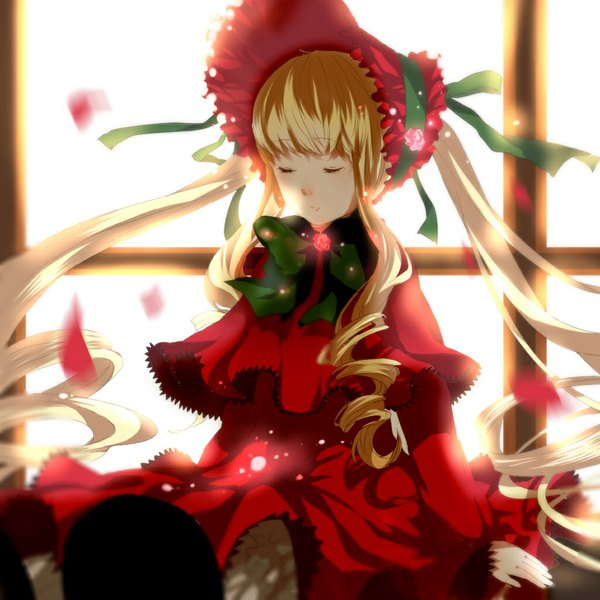 Anime picture 1024x1024 with rozen maiden shinku rolalra single long hair blonde hair twintails eyes closed loli drill hair lolita fashion girl dress flower (flowers) bow petals frills bonnet