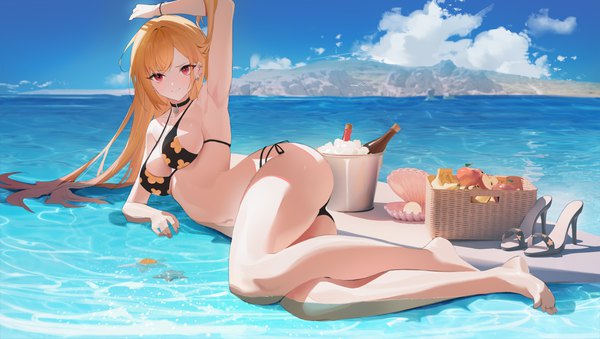 Anime picture 6000x3389 with sono bisque doll wa koi wo suru cloverworks kitagawa marin dingding (chongsangjun) single long hair looking at viewer blush fringe highres breasts light erotic blonde hair red eyes wide image large breasts absurdres sky cloud (clouds) full body