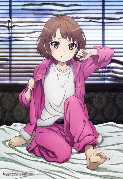 Anime picture 4078x5918 with sword art online sword art online alternative: gun gale online a-1 pictures megami magazine llenn (sao) nishimura rie single tall image looking at viewer blush highres short hair smile brown hair brown eyes absurdres full body barefoot official art girl