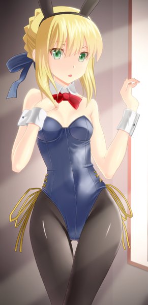 Anime picture 1500x3087 with fate (series) fate/stay night type-moon artoria pendragon (all) saber taka (takahirokun) single long hair tall image blush light erotic blonde hair bare shoulders green eyes animal ears bunny ears fake animal ears light bunny girl girl