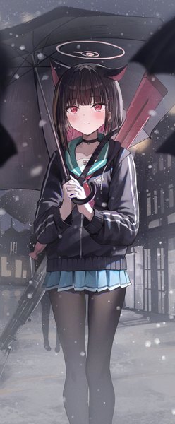 Anime picture 1632x3951 with blue archive kazusa (blue archive) hidulume single tall image blush short hair black hair animal ears outdoors pleated skirt pink eyes multicolored hair light smile snowing winter colored inner hair girl skirt uniform