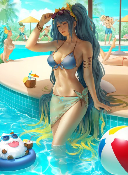 Anime picture 2925x4000 with league of legends sona buvelle lux (league of legends) caitlyn (league of legends) poro (league of legends) garen (league of legends) nami (league of legends) yasuo (league of legends) pool party caitlyn yone (league of legends) zarory long hair tall image looking at viewer highres short hair breasts blue eyes light erotic blonde hair