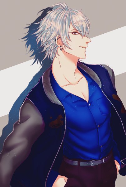 Anime picture 811x1200 with hypnosis mic aohitsugi samatoki owo hpm single tall image looking at viewer fringe short hair simple background smile hair between eyes standing silver hair ahoge profile grey background open jacket shadow grey eyes piercing