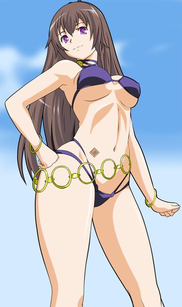 Anime picture 2081x3500 with hyakka ryouran samurai girls arms corporation tokugawa sen long hair tall image highres light erotic brown hair purple eyes girl navel swimsuit bikini bracelet