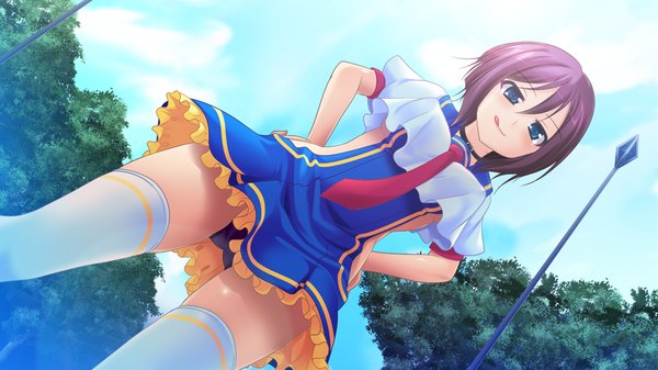 Anime picture 1280x720 with sex sensou seridou kotono short hair blue eyes light erotic wide image game cg purple hair pantyshot :p girl thighhighs uniform school uniform animal white thighhighs necktie bird (birds)