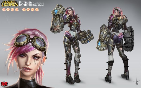 Anime picture 2657x1656 with league of legends vi (league of legends) paul (shiramune) highres open mouth blue eyes wide image standing looking away pink hair ass ponytail profile realistic gradient background goggles on head spiked hair multiple persona girl earrings