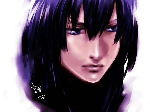 Anime picture 1600x1200 with d.gray-man kanda yuu koshian (hishino) single long hair fringe blue eyes simple background looking away purple hair lips boy