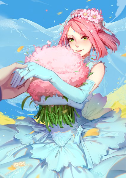 Anime picture 1240x1754 with naruto studio pierrot naruto (series) haruno sakura yuiko (yuiko33miao) tall image blush short hair open mouth smile bare shoulders holding green eyes looking away pink hair hair flower wind sparkle holding hands solo focus