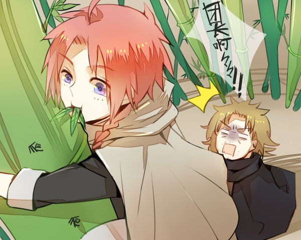 Anime picture 1280x1024 with gintama sunrise (studio) kamui (gintama) abuto 13knight short hair open mouth blue eyes blonde hair pink hair multiple boys chinese clothes boy plant (plants) leaf (leaves) 2 boys cloak bamboo