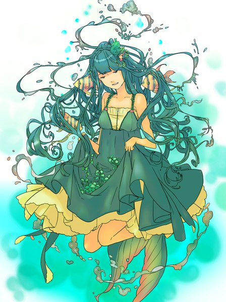 Anime picture 1480x1980 with miyama fugin tall image open mouth simple background white background tail aqua hair liquid hair girl dress water fish (fishes) splashes mermaid