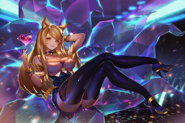 Anime picture 2897x1919 with league of legends k/da (league of legends) ahri (league of legends) k/da ahri orange sekaii single long hair looking at viewer fringe highres breasts light erotic simple background blonde hair smile large breasts sitting bare shoulders animal ears yellow eyes