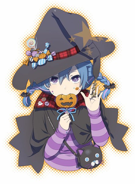 Anime picture 791x1073 with original mattaku mousuke single long hair tall image looking at viewer purple eyes blue hair pink hair multicolored hair two-tone hair symbol-shaped pupils halloween girl hat food sweets witch hat candy lollipop