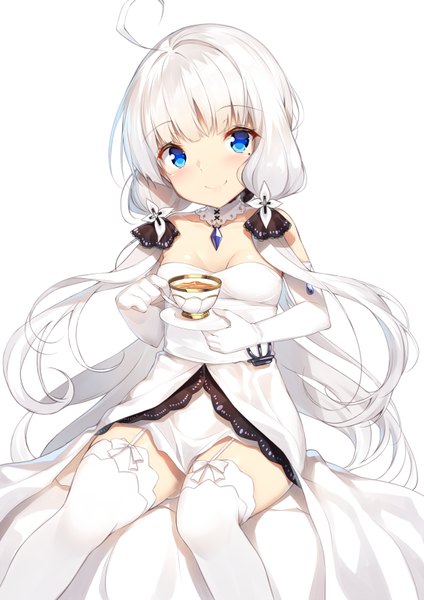 Anime picture 566x800 with azur lane illustrious (azur lane) yappen single long hair tall image looking at viewer blush blue eyes light erotic simple background smile white background twintails cleavage white hair mole mole under eye low twintails girl