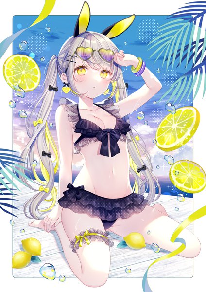 Anime picture 2000x2829 with original wasabi (sekai) single long hair tall image looking at viewer highres breasts light erotic sitting twintails animal ears yellow eyes sky silver hair cloud (clouds) bunny ears border wariza sunglasses on head
