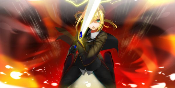 Anime picture 1333x671 with fate (series) fate/stay night fate/zero studio deen type-moon artoria pendragon (all) saber cao xiong (tlb12121) single long hair looking at viewer blue eyes blonde hair wide image holding lips girl gloves weapon sword