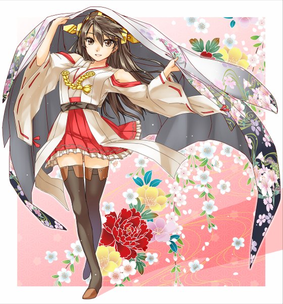 Anime picture 1125x1205 with kantai collection haruna battleship caesar et cleopatra (abo) single long hair tall image looking at viewer brown hair brown eyes traditional clothes japanese clothes floral print girl skirt flower (flowers) frills headdress hairband thigh boots