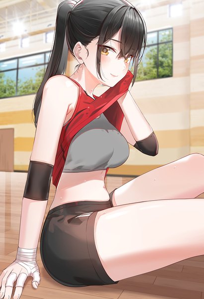 Anime picture 856x1250 with original kfr single long hair tall image looking at viewer blush fringe breasts light erotic black hair smile hair between eyes sitting yellow eyes payot ponytail indoors arm support sweat